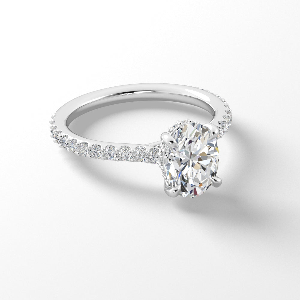 Platinum Oval Engagement Mounting with Diamond Band and Hidden Halo - Oval Shape, 2.00 Carat Cubic Zirconia