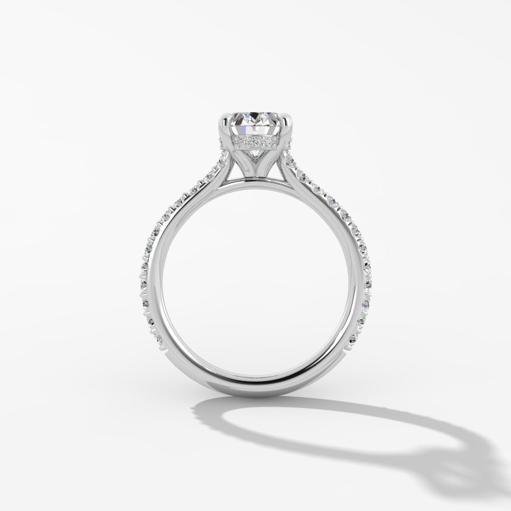 Platinum Oval Engagement Mounting with Diamond Band and Hidden Halo - Oval Shape, 2.00 Carat Cubic Zirconia