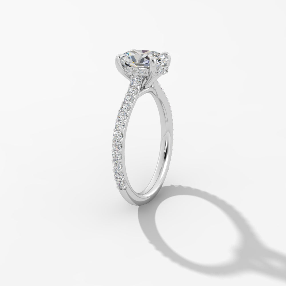 Platinum Oval Engagement Mounting with Diamond Band and Hidden Halo - Oval Shape, 2.00 Carat Cubic Zirconia