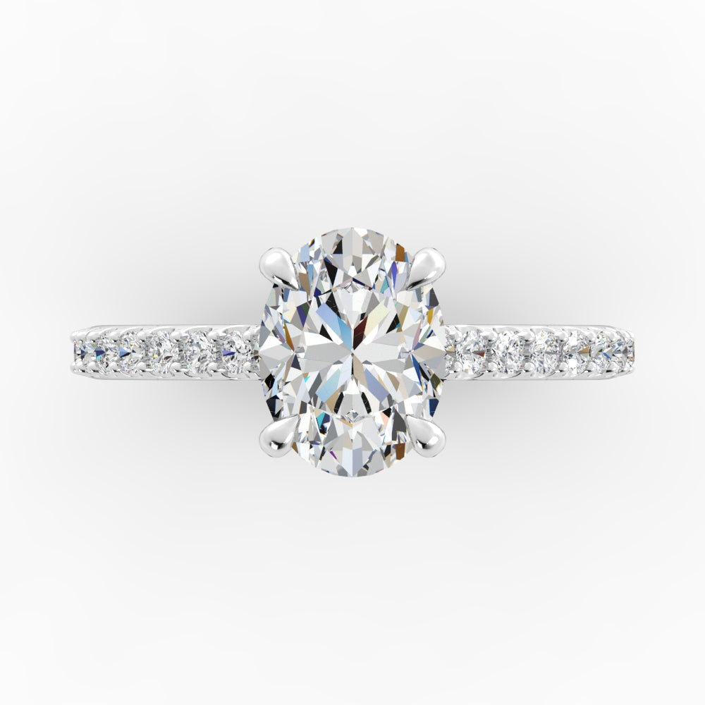 Platinum Oval Engagement Mounting with Diamond Band and Hidden Halo - Oval Shape, 2.00 Carat Cubic Zirconia