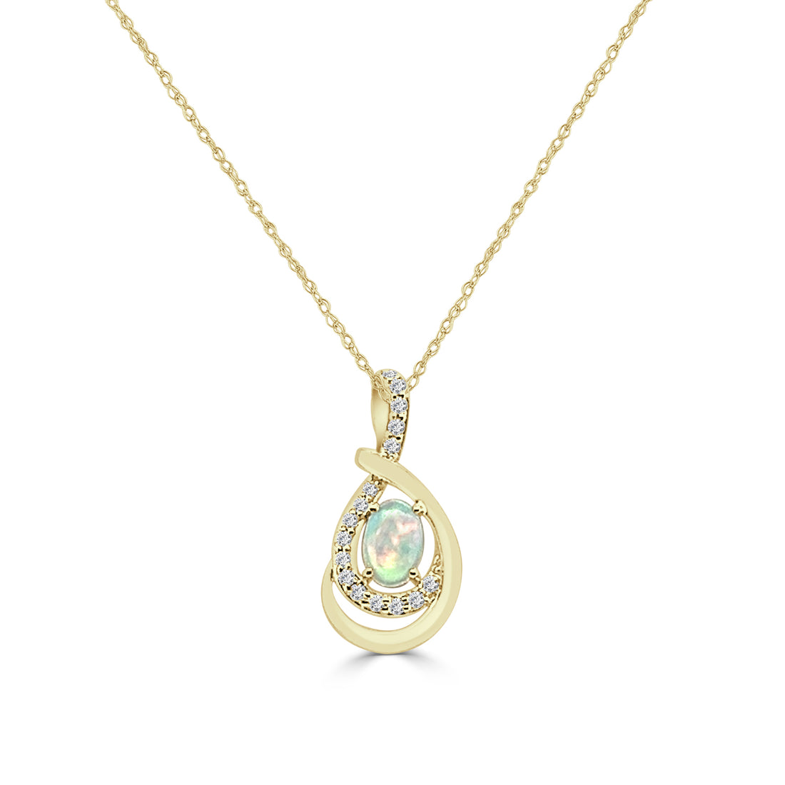 14K Yellow Gold Opal and Diamond Oval Pendant Necklace - 0.30 Carats