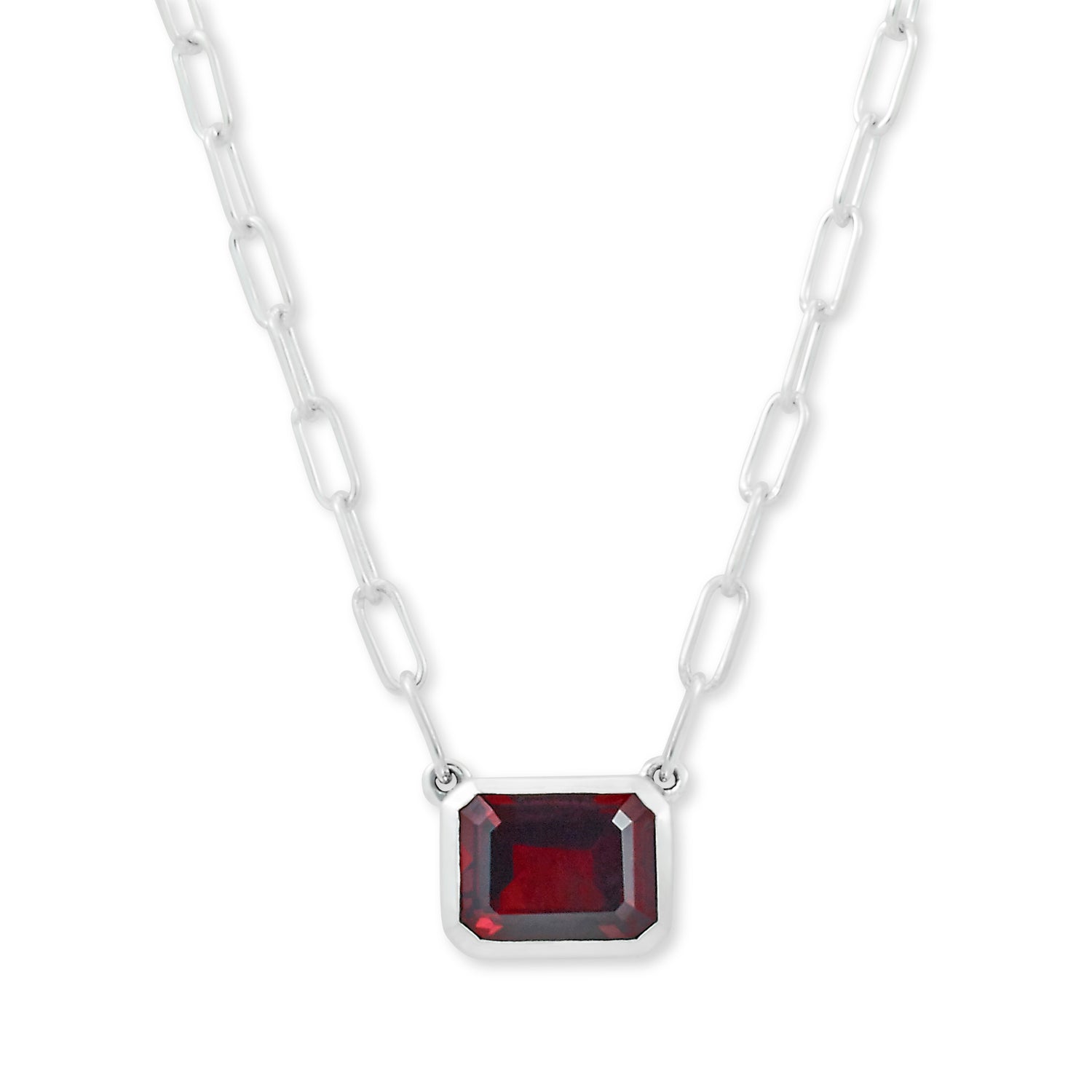 Garnet Emerald Cut Solitaire Necklace in Sterling Silver