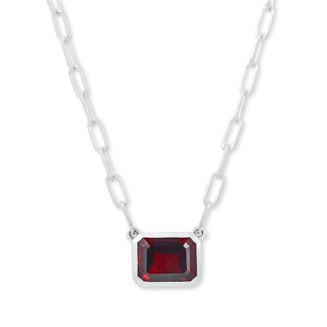 Glimmering Garnet: Sterling Silver Necklace with Emerald Cut Solitaire