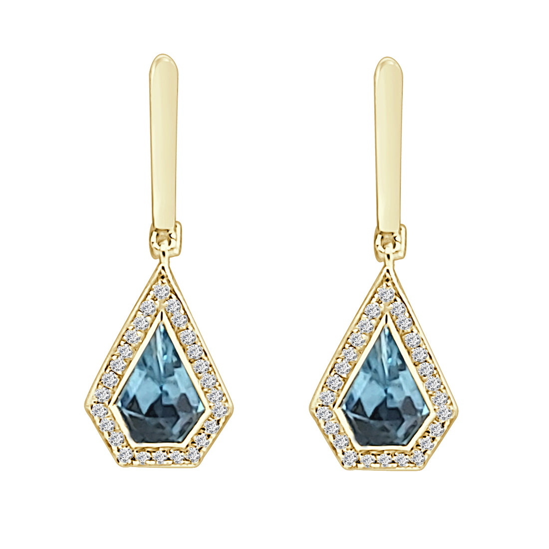 14K Yellow Gold Halo Shield Blue Topaz Earrings - 1.70 Carat