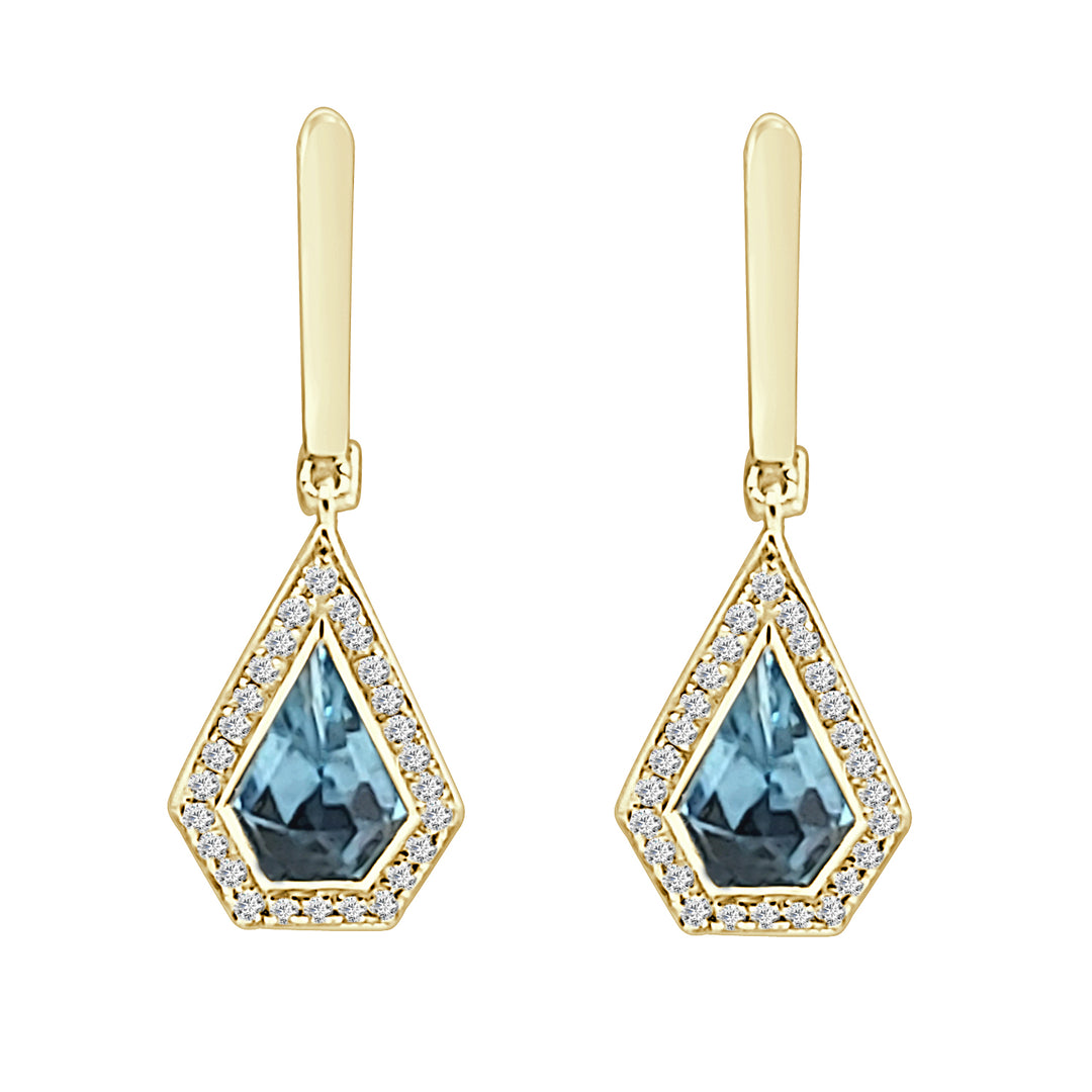 14 Karat Yellow Gold Halo Shield Earrings with Blue Topaz