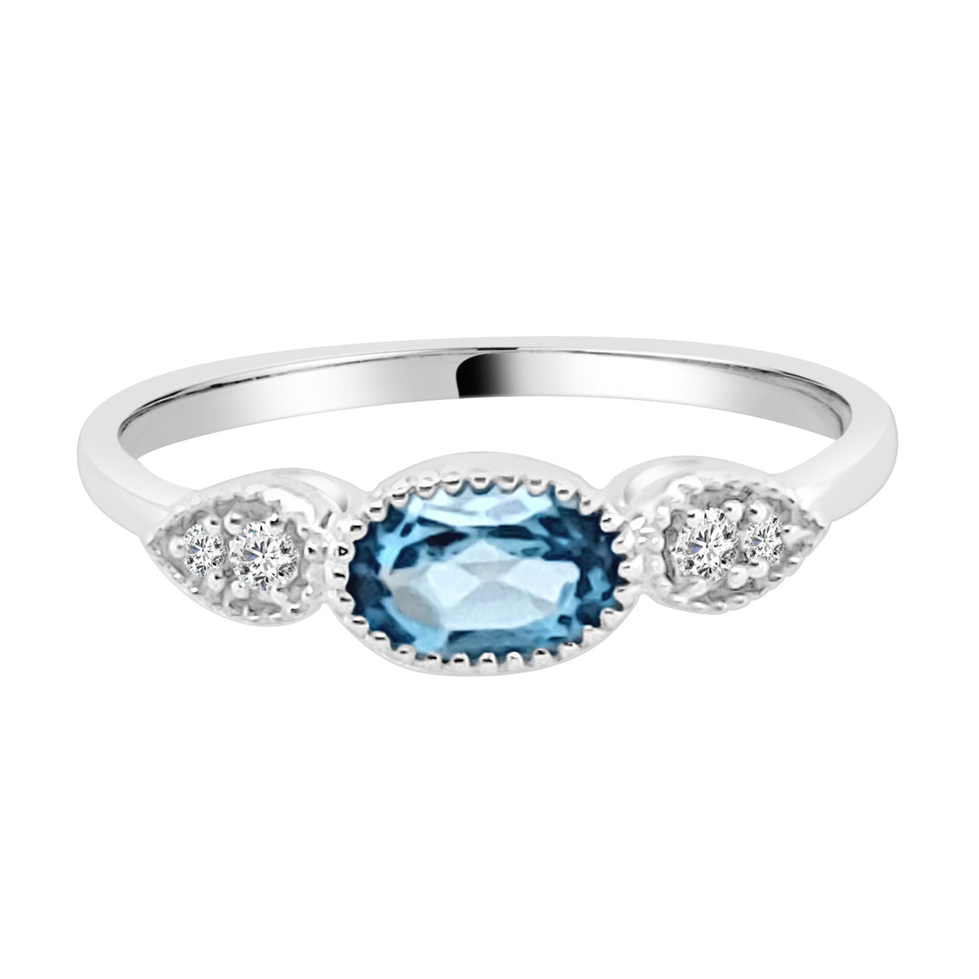 14K White Gold Milgrain Oval Blue Topaz 3-Stone Ring