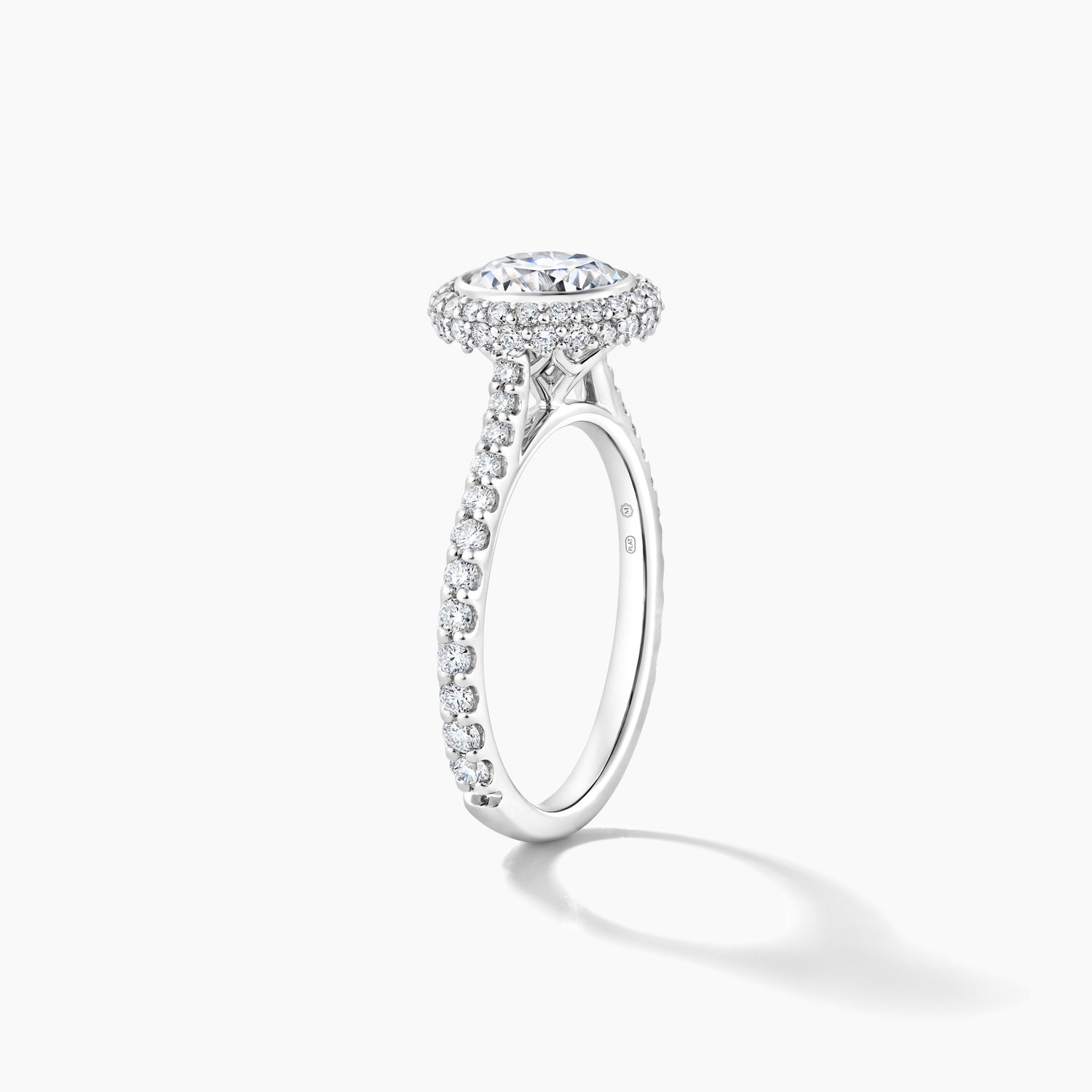 Platinum Engagement Mounting: Bezel Set with Pave Halo and Diamond Band