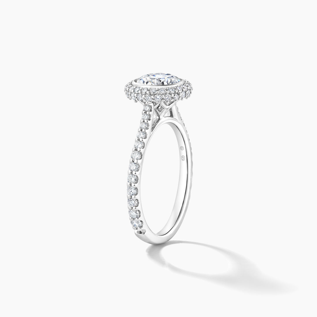 Platinum Bezel Set Engagement Ring with Pave Halo and Diamond Band - Round Cubic Zirconia