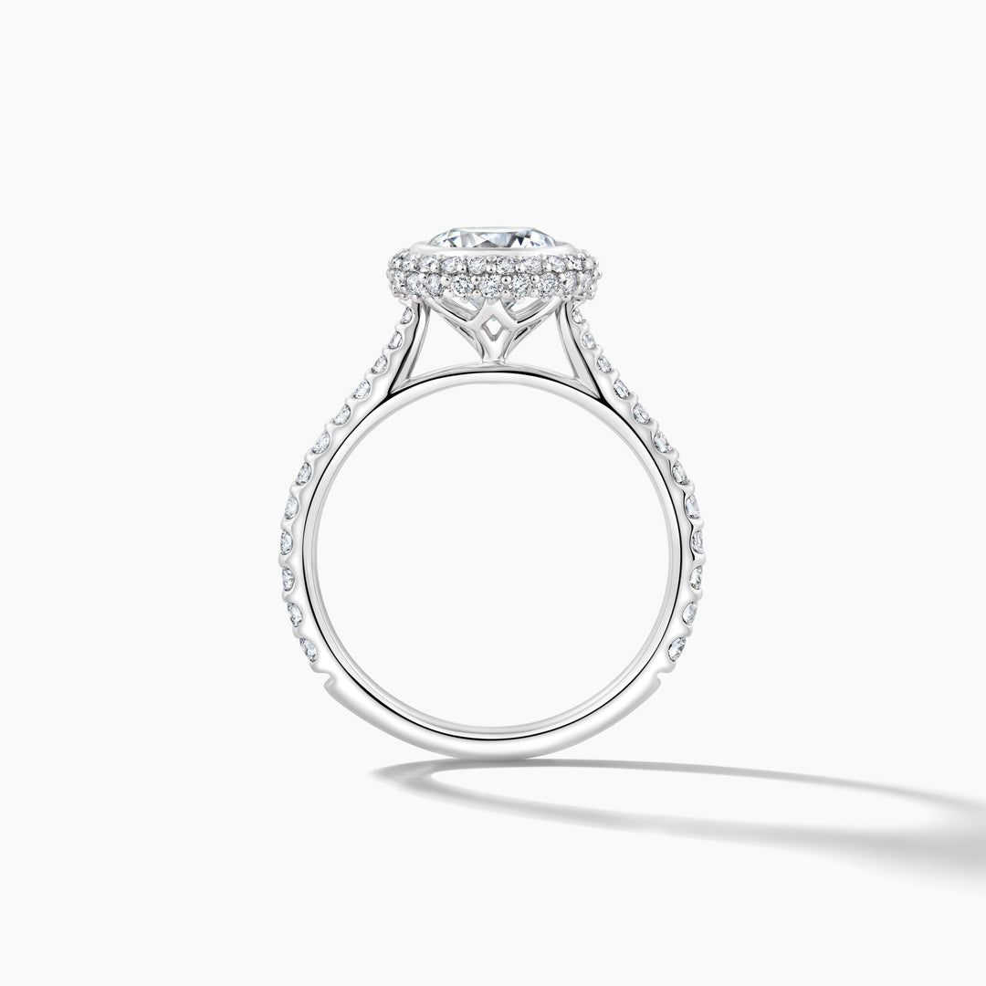 Platinum Bezel Set Engagement Ring with Pave Halo and Diamond Band - Round Cubic Zirconia