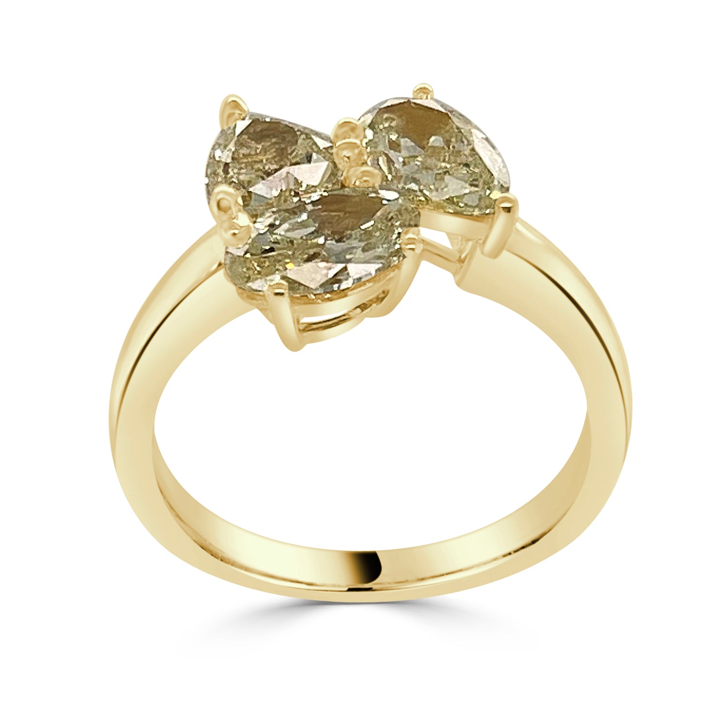 Oval Pear and Trillion Three Stone Ring in 18 Karat Yellow Gold with a 2.12 Yellow Diamond