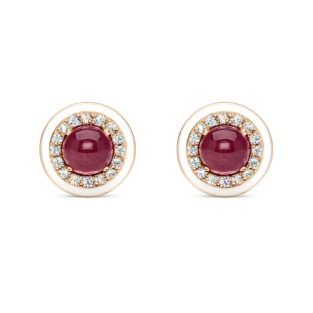 Rose Gold Tourmaline Cabochon Enamel Stud Earrings - Round Shape 3.88