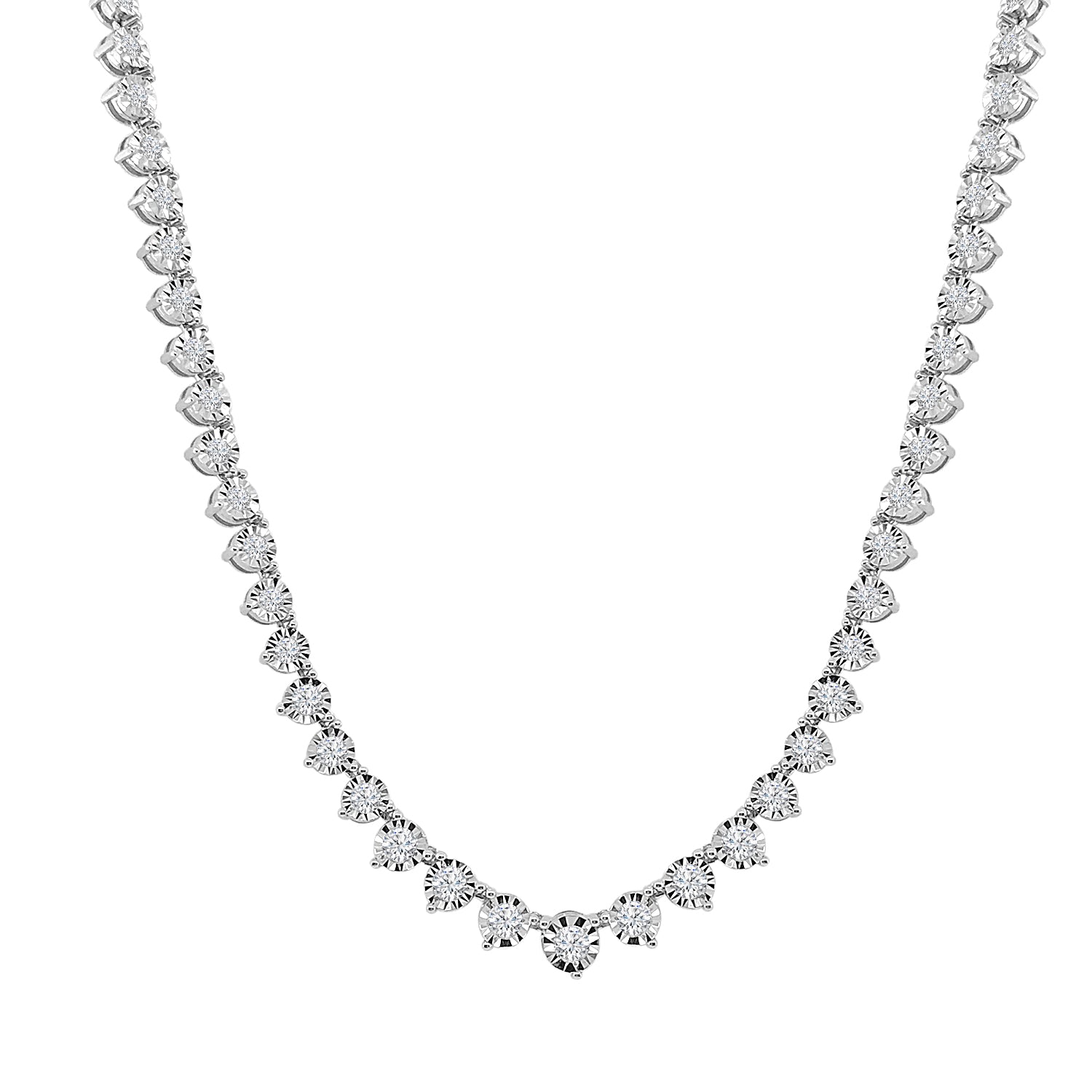 Dazzling 3.00 Carat Natural Diamond Graduated Illusion Riviera Necklace in 14 Karat White Gold