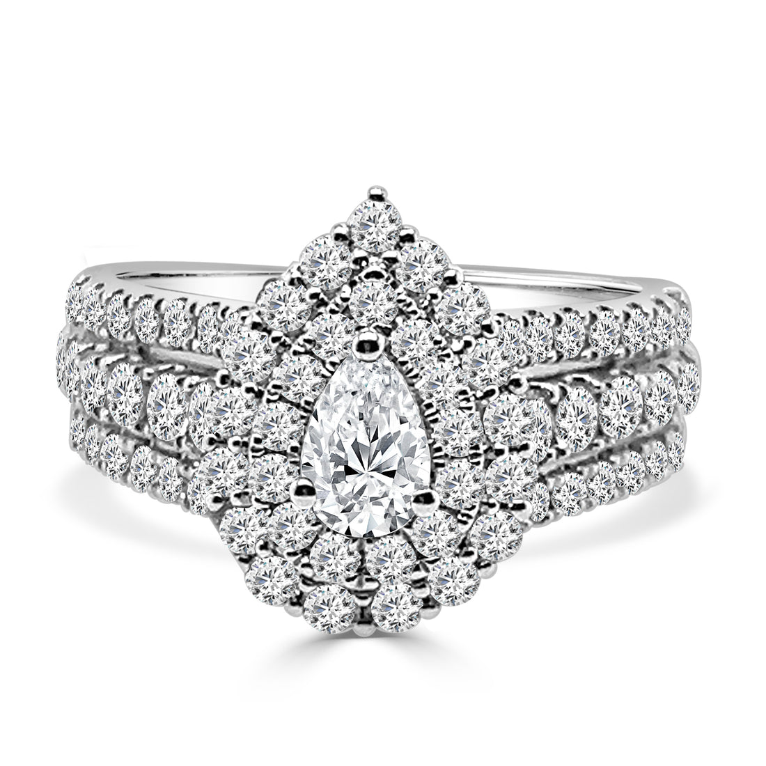 3 Row Pear Double Engagement Ring in 14 Karat White Gold with Natural Diamond, Pear Shape 0.38 ct