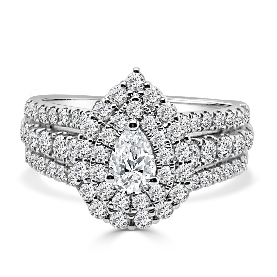 Exquisite 3 Row Pear Double Engagement Ring in 14 Karat White Gold with Pear Shape Natural Diamond