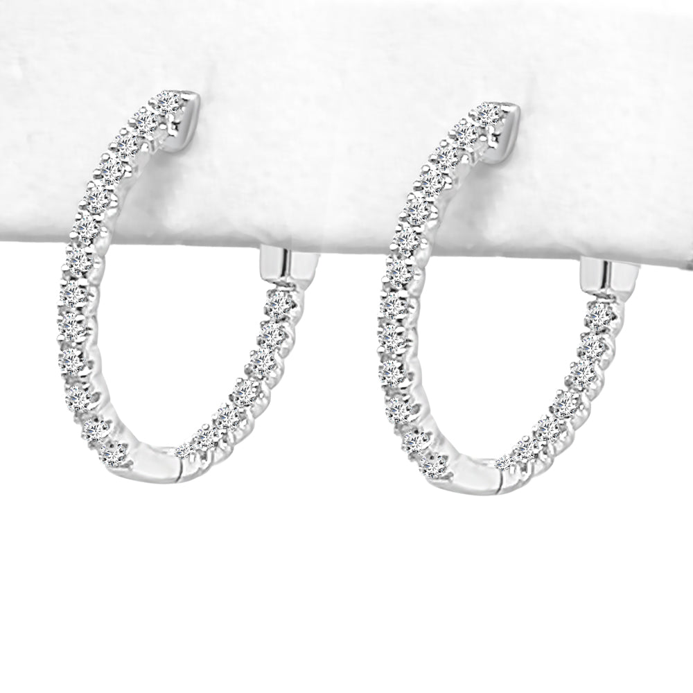 14K Yellow Gold Oval Diamond Hoop Earrings - 0.73 Carat Round Natural Diamond, Shared Prong Setting