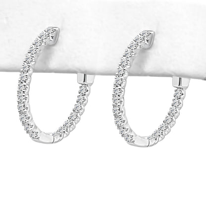 14K Yellow Gold Oval Diamond Hoop Earrings - 0.73 Carat Round Natural Diamond, Shared Prong Setting