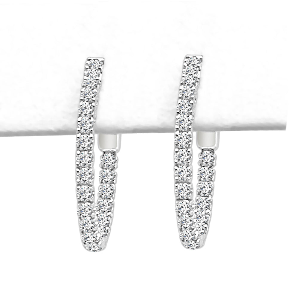14K Yellow Gold Oval Diamond Hoop Earrings - 0.73 Carat Round Natural Diamond, Shared Prong Setting