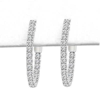 14K Yellow Gold Oval Diamond Hoop Earrings - 0.73 Carat Round Natural Diamond, Shared Prong Setting