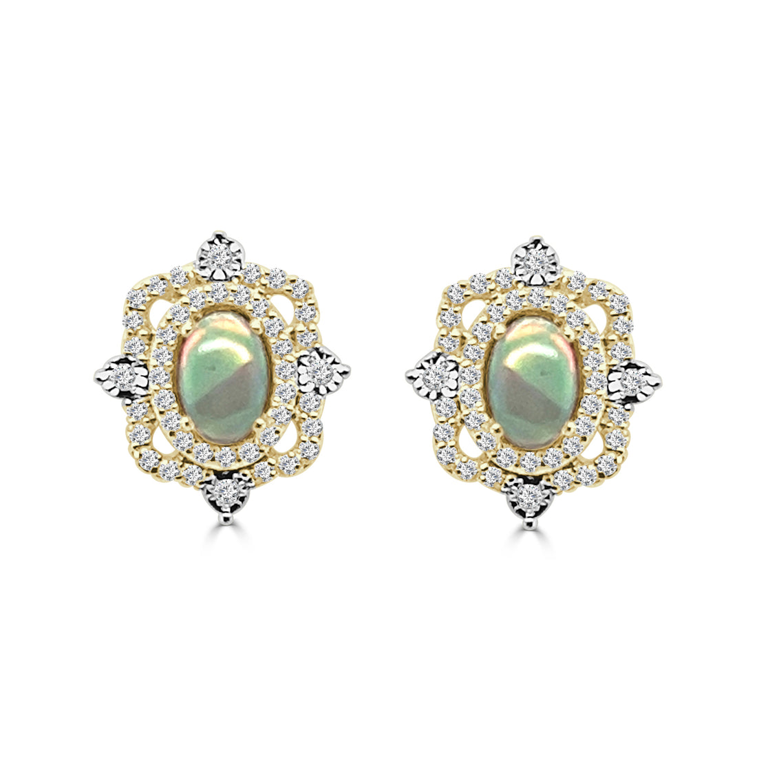 Opulent Opal Sparkle: 14K Yellow Gold Fancy Diamond Stud Earrings | Oval 0.60 Carat