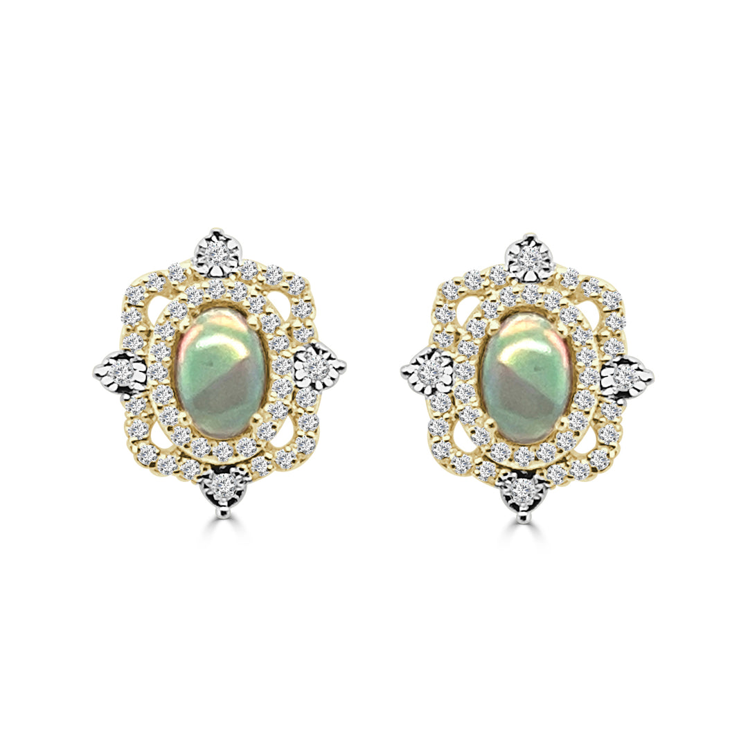 14 Karat Yellow Gold Fancy Opal and Diamond Oval Stud Earrings