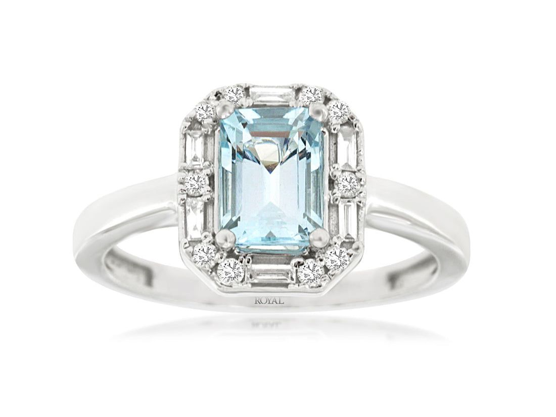 14K White Gold Ring with Baguette and Rd Emerald Halo Featuring Aquamarine 0.90 Carats