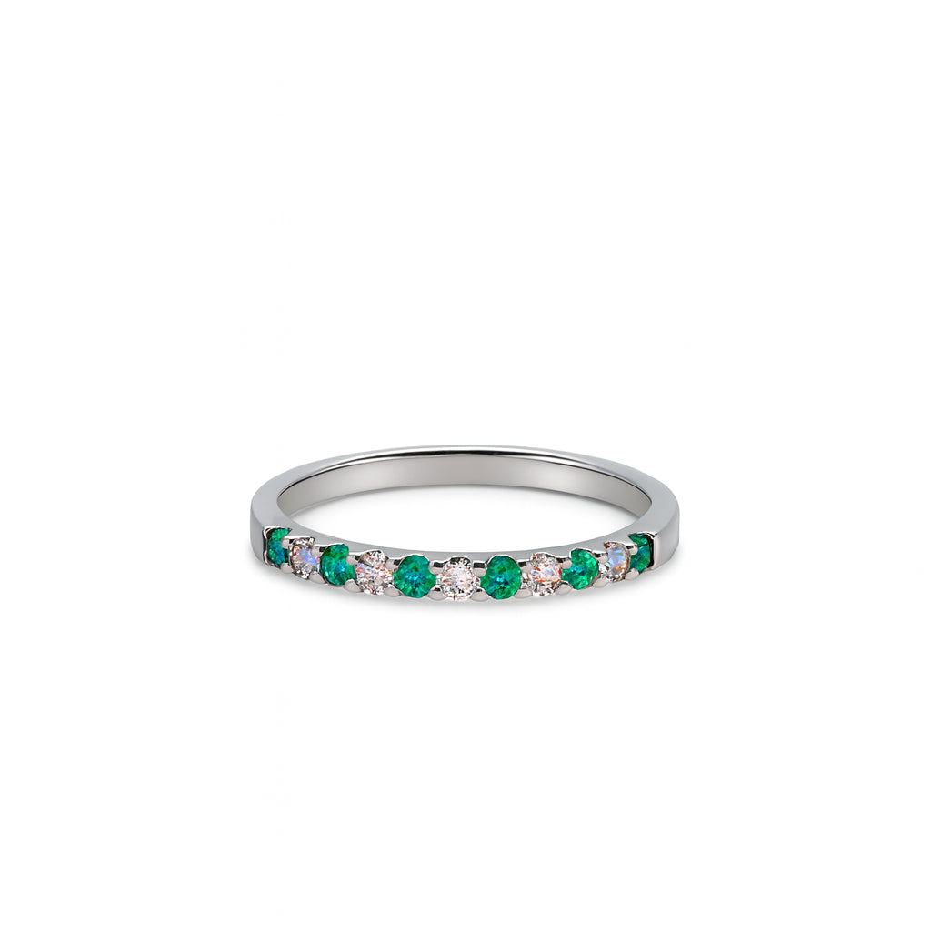 Colombian Emerald and Diamond Round Shape Ring in 14 Karat White Gold - 0.12 Carat