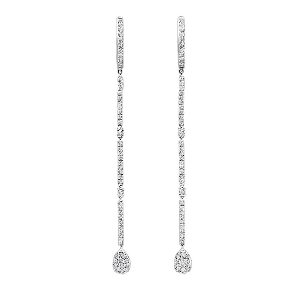 1.50 Carat Round Natural Diamond Statement Drop Pear Cluster Earrings in 14 Karat White Gold