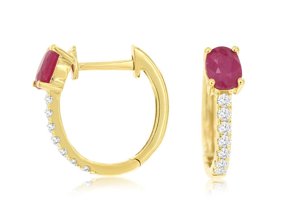 14K Yellow Gold Oval Huggie Earrings with Ruby Hoop and Diamond Accents