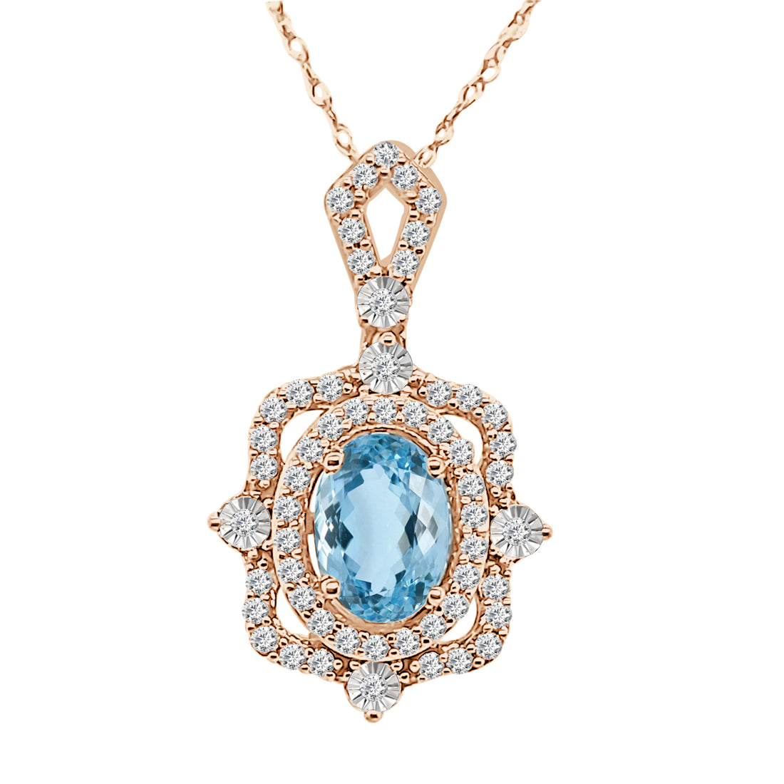 14 Karat Rose Gold Fancy Halo Drop Necklace with Aquamarine 0.68