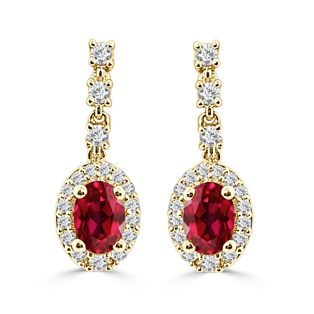 Oval Ruby Diamond Halo Earrings in 14 Karat Yellow Gold - 1.00 Carat