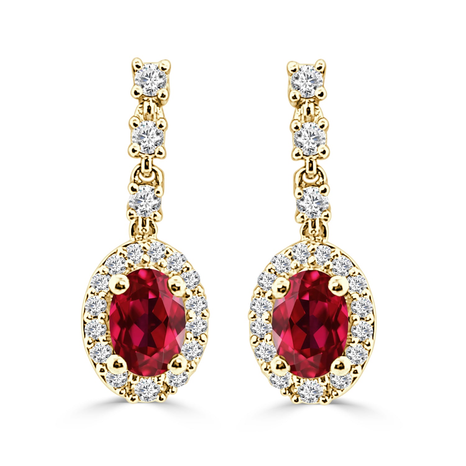 Oval Ruby Diamond Halo Earrings in 14 Karat Yellow Gold - 1.00 Carat