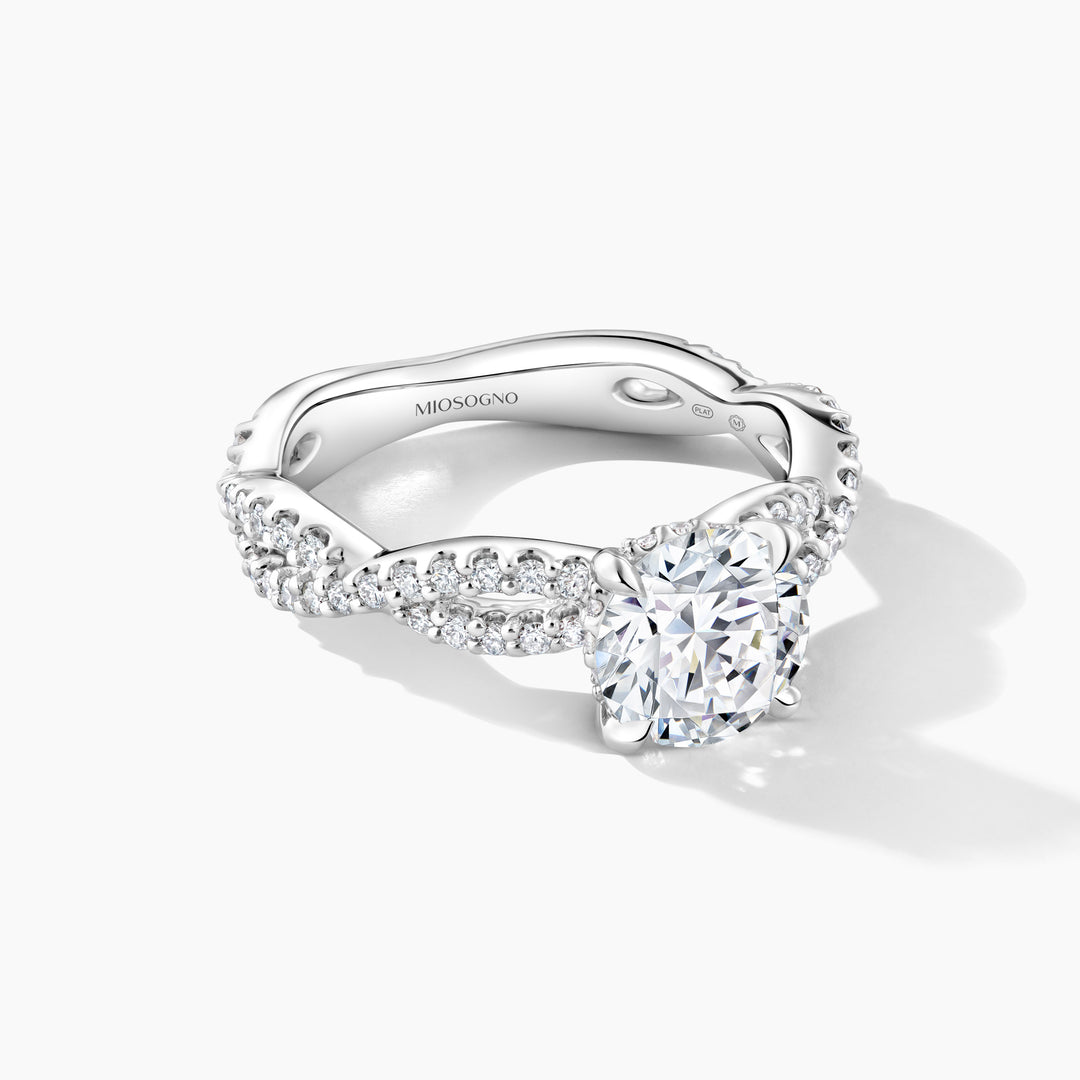 Sparkling Elegance: Platinum Diamond Twist Shank Engagement Mounting with Hidden Halo - Round Shape Cubic Zirconia