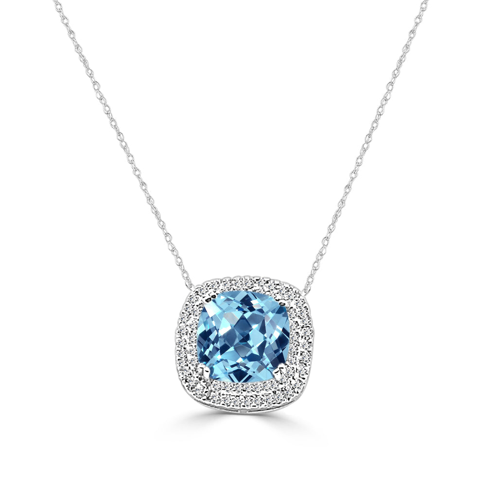 14K White Gold Double Halo Aquamarine Necklace with 0.52ct Natural Diamond Accent - Round and Cushion Shape Aquamarine Pendant