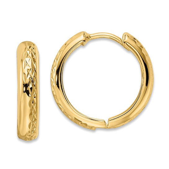 14 Karat Yellow Gold Polished Textured Hinged Hoop Earrings