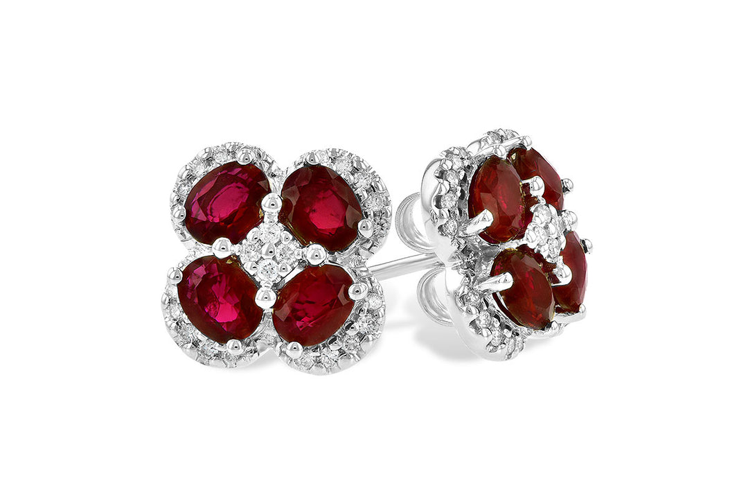 Ruby Clover Halo Earrings in 14 Karat White Gold