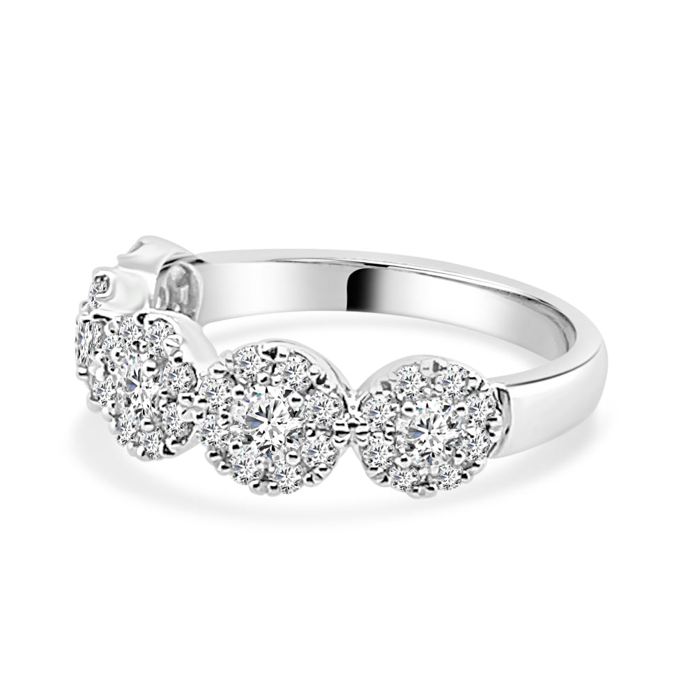 6 Stone Diamond Halo Ring in 14K White Gold - Round Shape, 1.00 Carat Natural Diamond