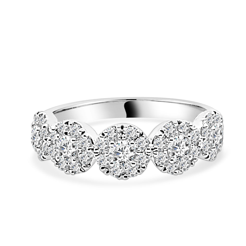 6 Stone Diamond Halo Ring in 14K White Gold - Round Shape, 1.00 Carat Natural Diamond