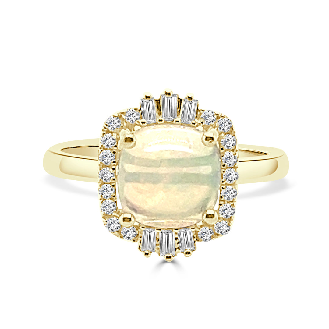 14 Karat Yellow Gold Opal and Diamond Cushion Shape Ring