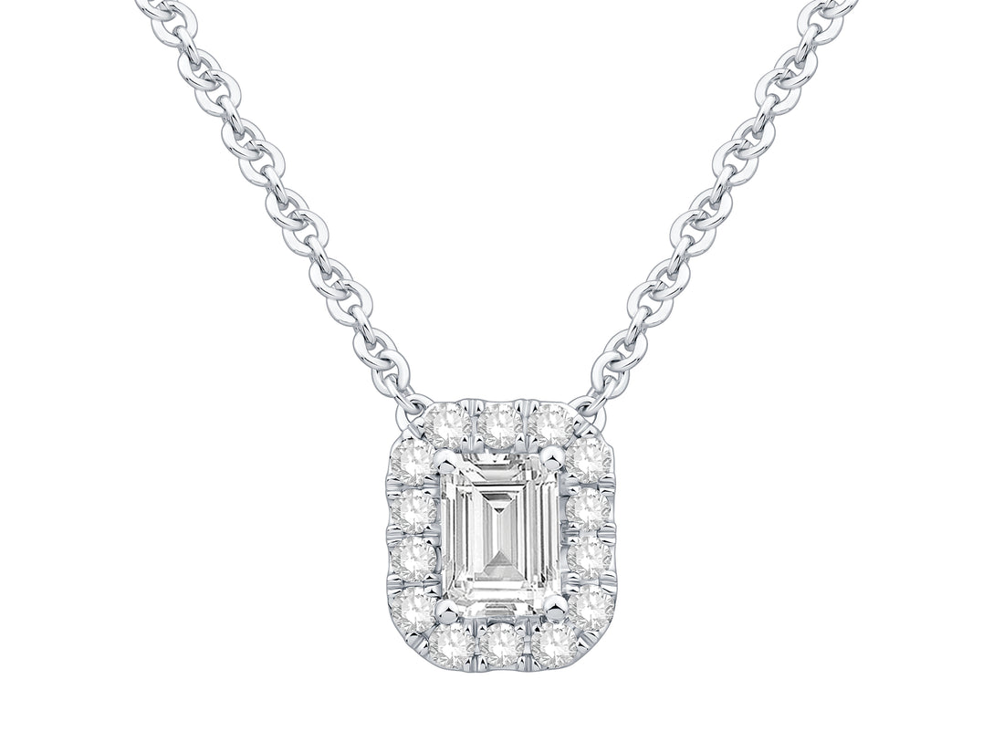 14K White Gold Emerald Cut Halo Pendant Necklace with Lab Diamond - 1.01 Carat