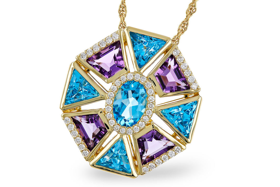 14K Yellow Gold Necklace with Trapezoid and Triangle Blue Topaz Pendant - 3.16 Carats