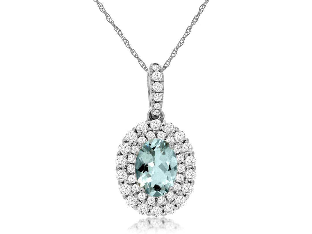 Double Halo Oval Aquamarine Necklace in 14 Karat White Gold