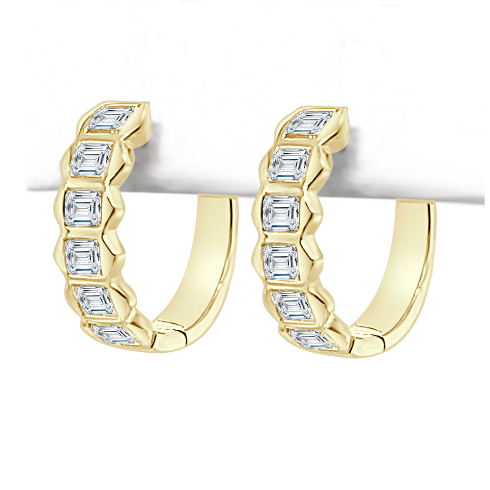 14K Yellow Gold Emerald Shape Diamond Hoop Earrings - Bezel Set 1.73 Carat Natural Diamond