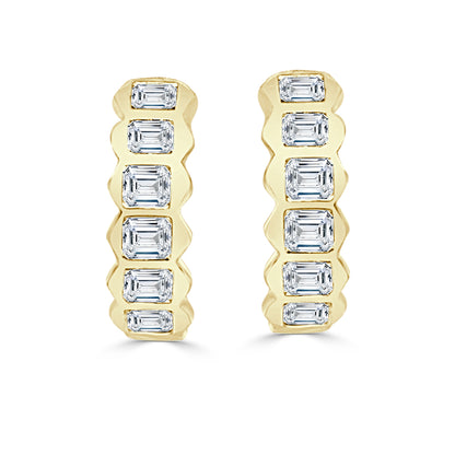 14K Yellow Gold Emerald Shape Diamond Hoop Earrings - Bezel Set 1.73 Carat Natural Diamond