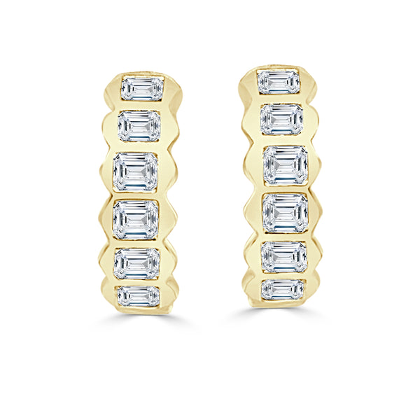 1.73 Carat Natural Diamond Bezel Set Emerald Shape Hoop Earrings in 14k Yellow Gold