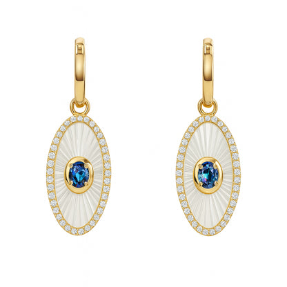 14K Yellow Gold Oval Halo Blue Sapphire Earrings - 0.68 ct Oval Shape