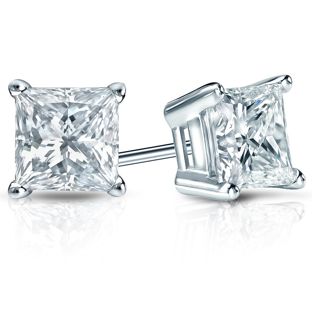 Princess Solitaire Studs - 14K White Gold 0.40ct Natural Diamond, Four Prong Screw Backs