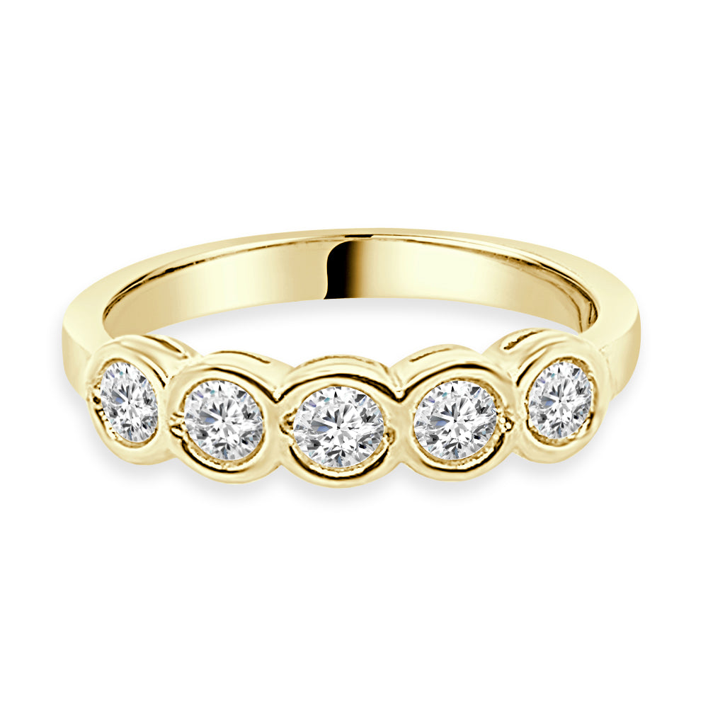 14K Yellow Gold Bezel Set Five Stone Diamond Band - Round Shape, 0.47cts