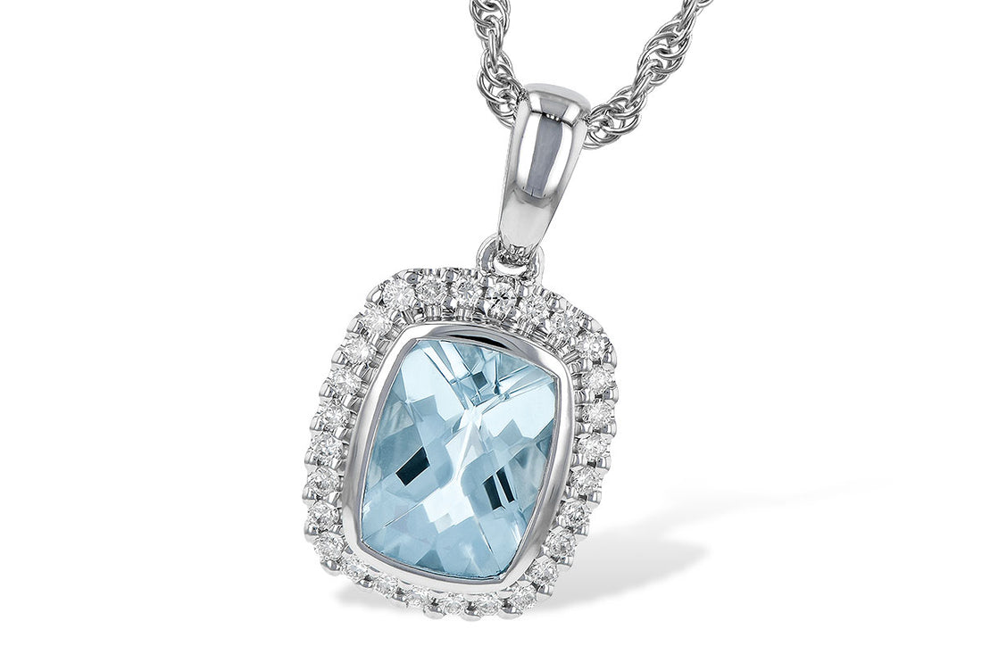 14K White Gold Aquamarine Cushion Halo Necklace - 1.02 Carats