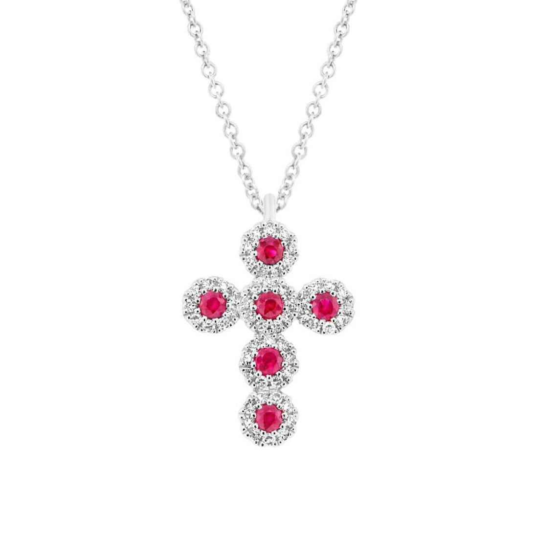 Halo Ruby Necklace - 14 Karat White Gold, 0.14 Carat