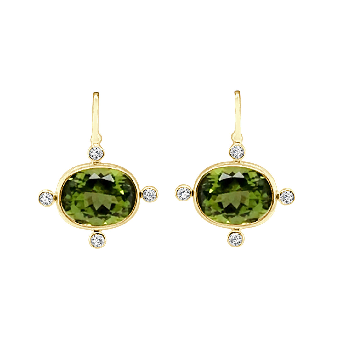 14 Karat Yellow Gold Oval Bezel Set Peridot Earrings